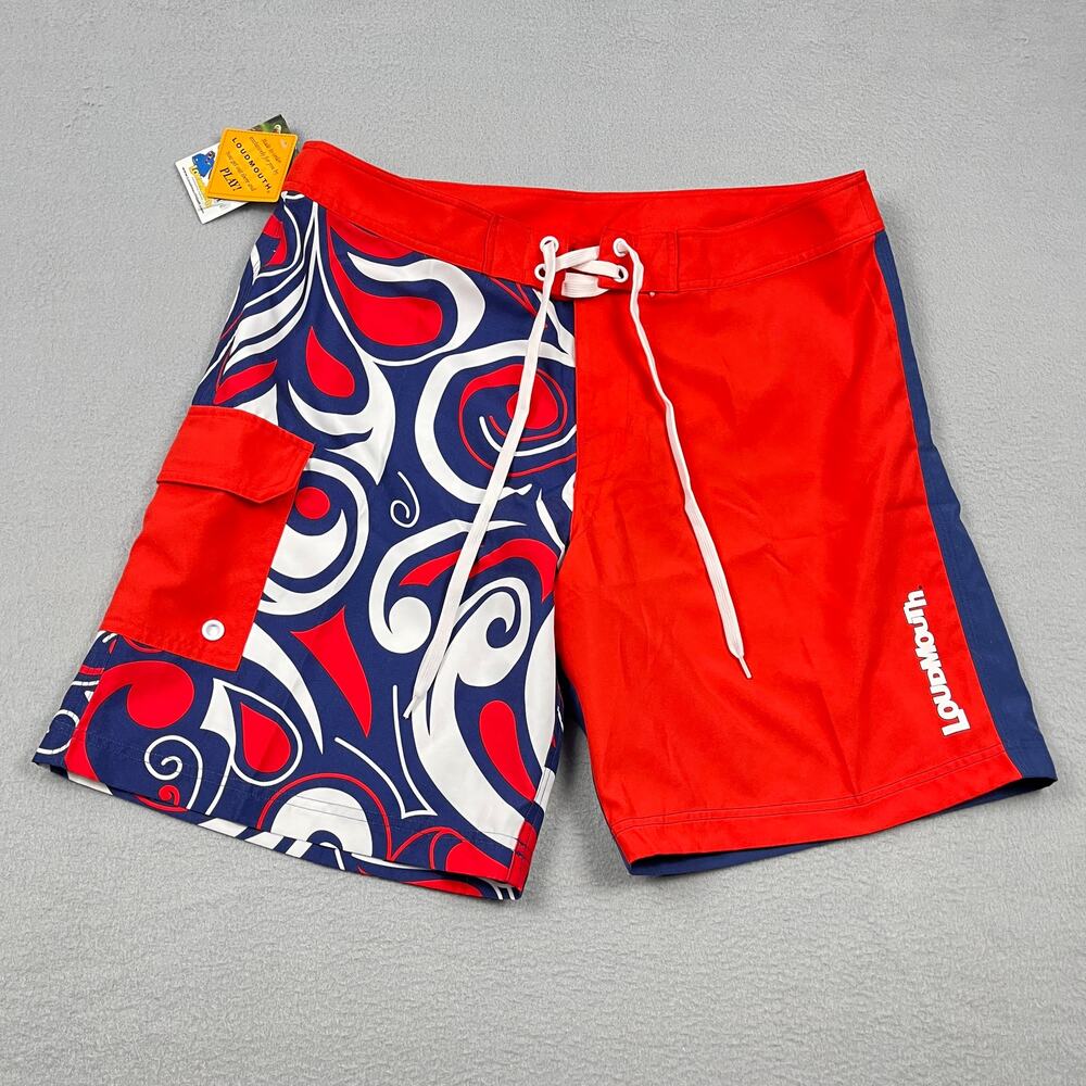 NWT Loudmouth Board Shorts Swim Trunks Red Blue Splash USA Print Men's 36